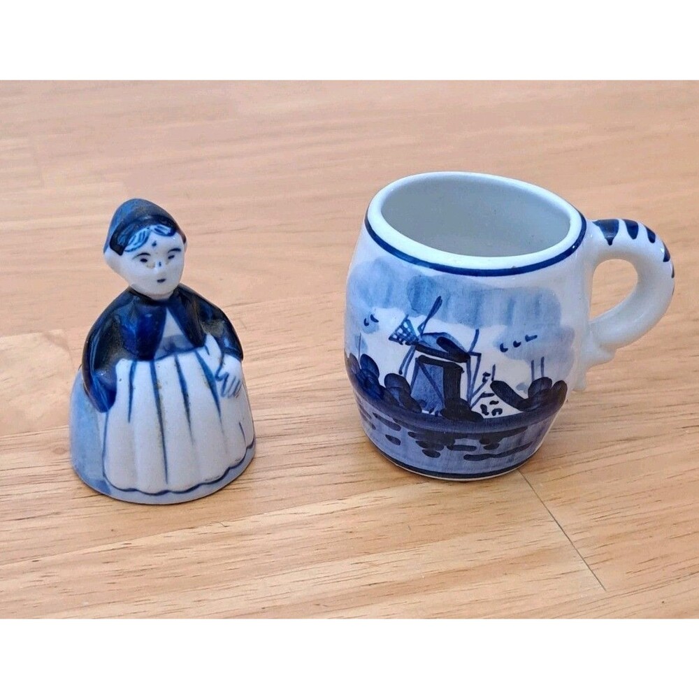 Delfts Blue Dutch Woman Mini Porcelain Bell & Cup Hand Painted Made in Holland